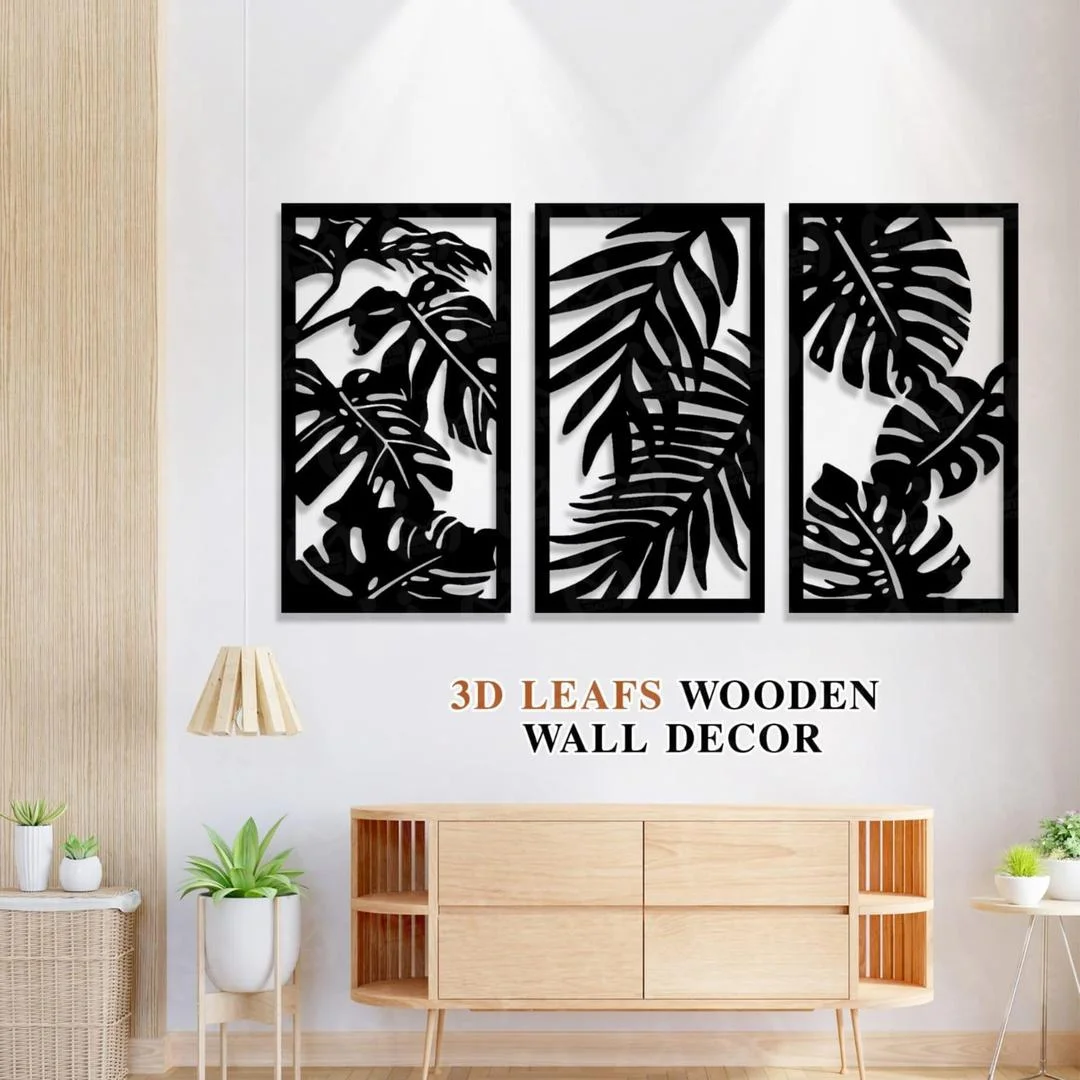 3D Leaf Shaped Wall Art Set of 3 Black White