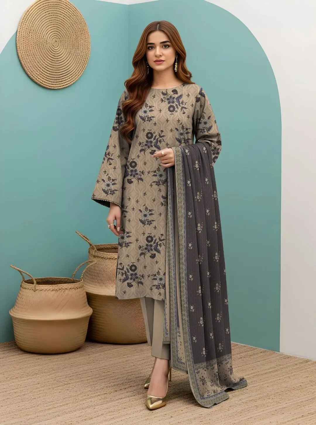 Unstitched 3-Piece Printed Dobby Lawn Suit – Brown Floral Print