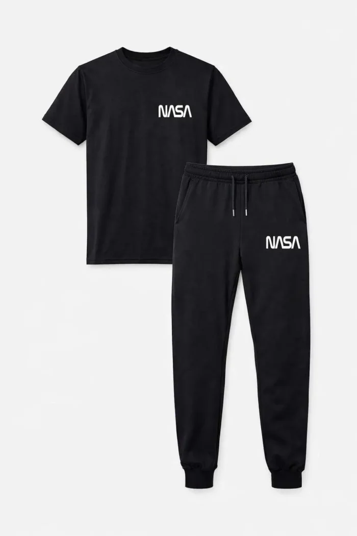 Men's NASA Printed Summer Tracksuit Set – Black Dry-Fit T-Shirt & Trouser Set