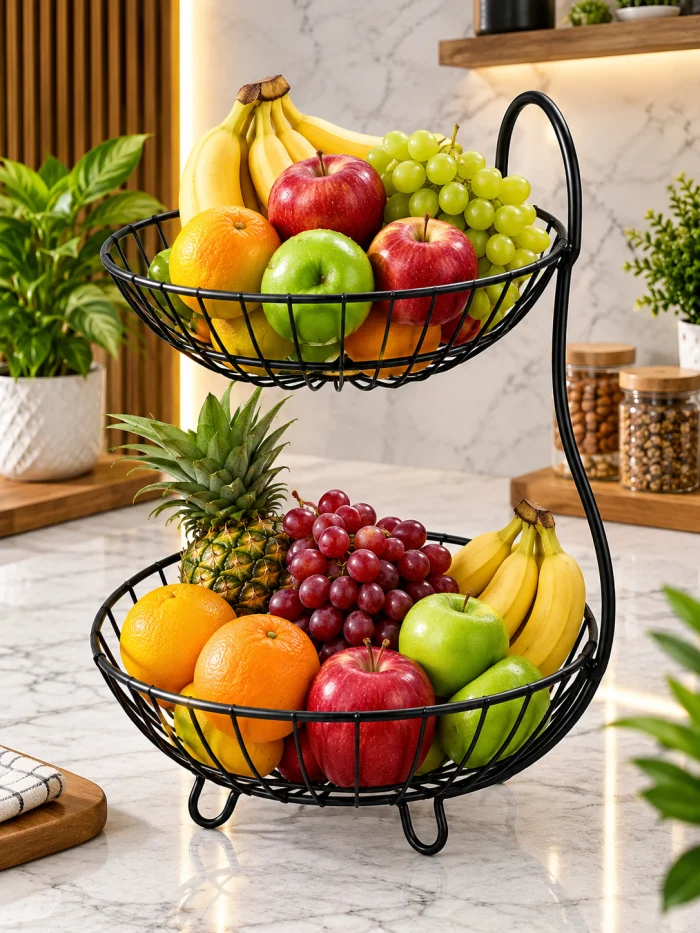 2-Tier Fruit Basket Stand | Black Iron Kitchen Organizer & Storage Rack