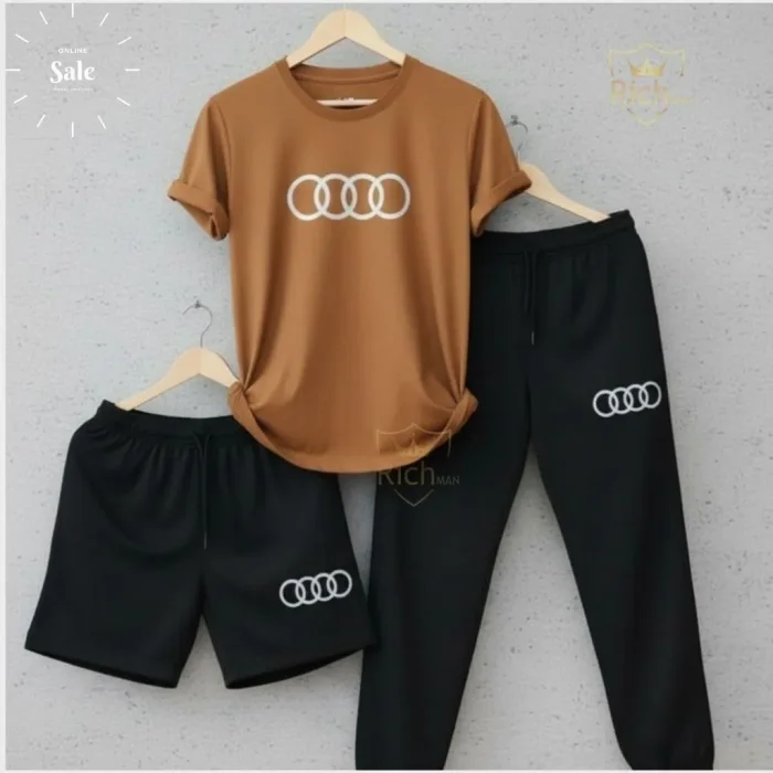 Audi Printed 3-Piece Summer Tracksuit for Men – Cotton T-Shirt, Shorts & Trouser Set