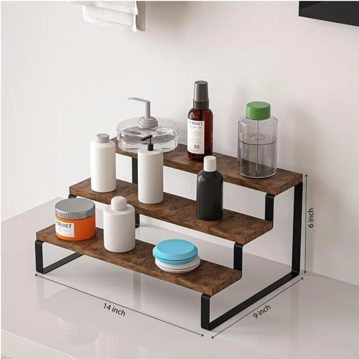 Wooden Bathroom & Kitchen Rack - Countertop Storage Organizer with Black Metal Legs