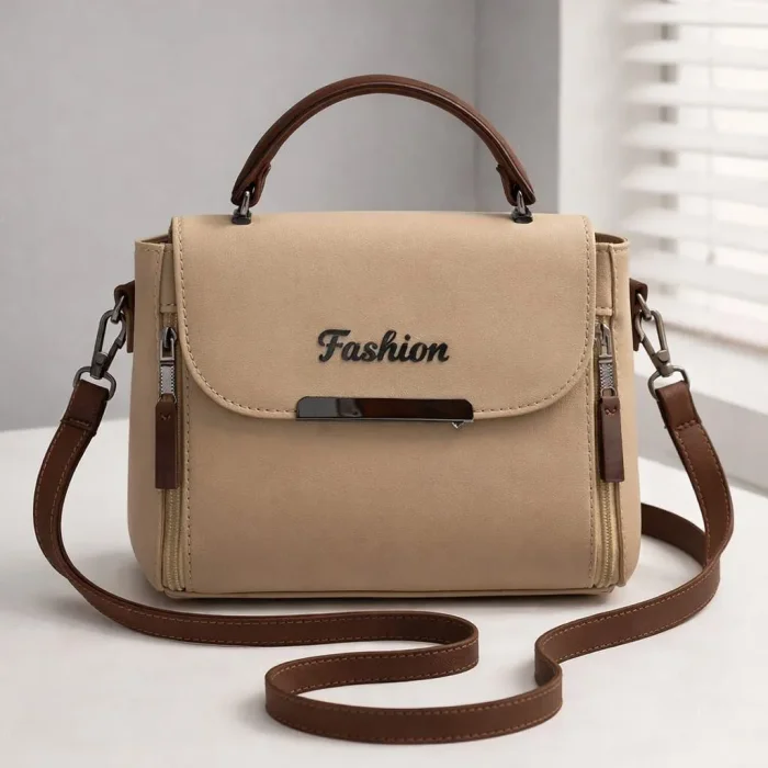 Women's Beige Leather Shoulder Bag with Top Handle