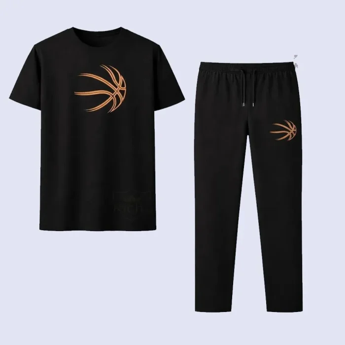 Men's Basketball Printed T-Shirt & Jogger Tracksuit Set - White & Black Cotton