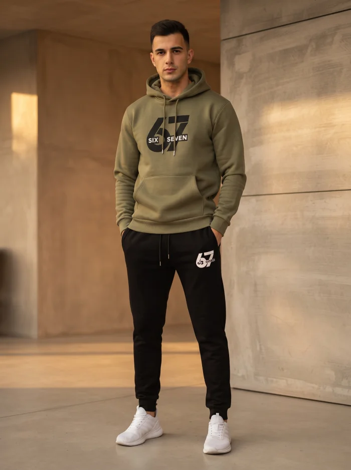 Men's Fleece Tracksuit – Olive Green Hoodie & Black Trouser 2-Piece Winter Set