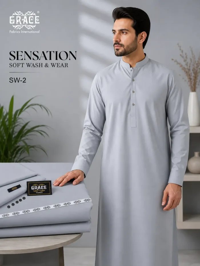 Men's Grey Wash & Wear Kurta Suit | Premium Unstitched Fabric