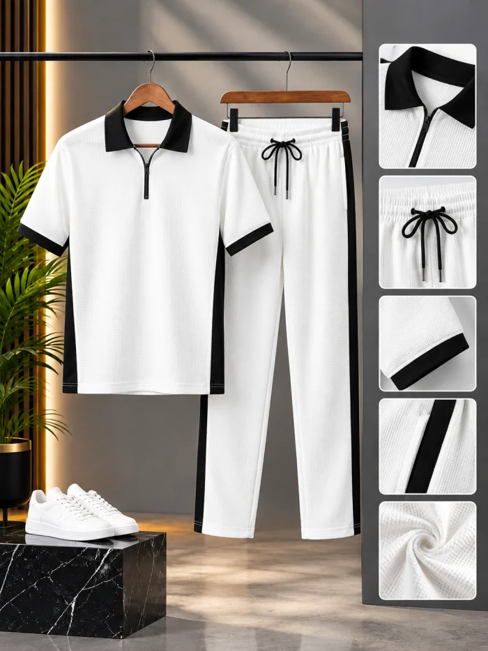 Men's White Waffle Knit Polo Tracksuit | 2-Piece Dri Fit Summer Set with Black Accents