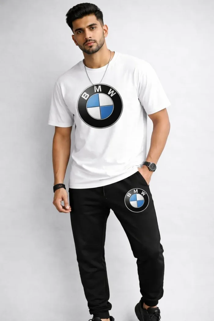 BMW Printed Summer Tracksuit for Men – Soft & Breathable Polyester T-Shirt & Trouser Set