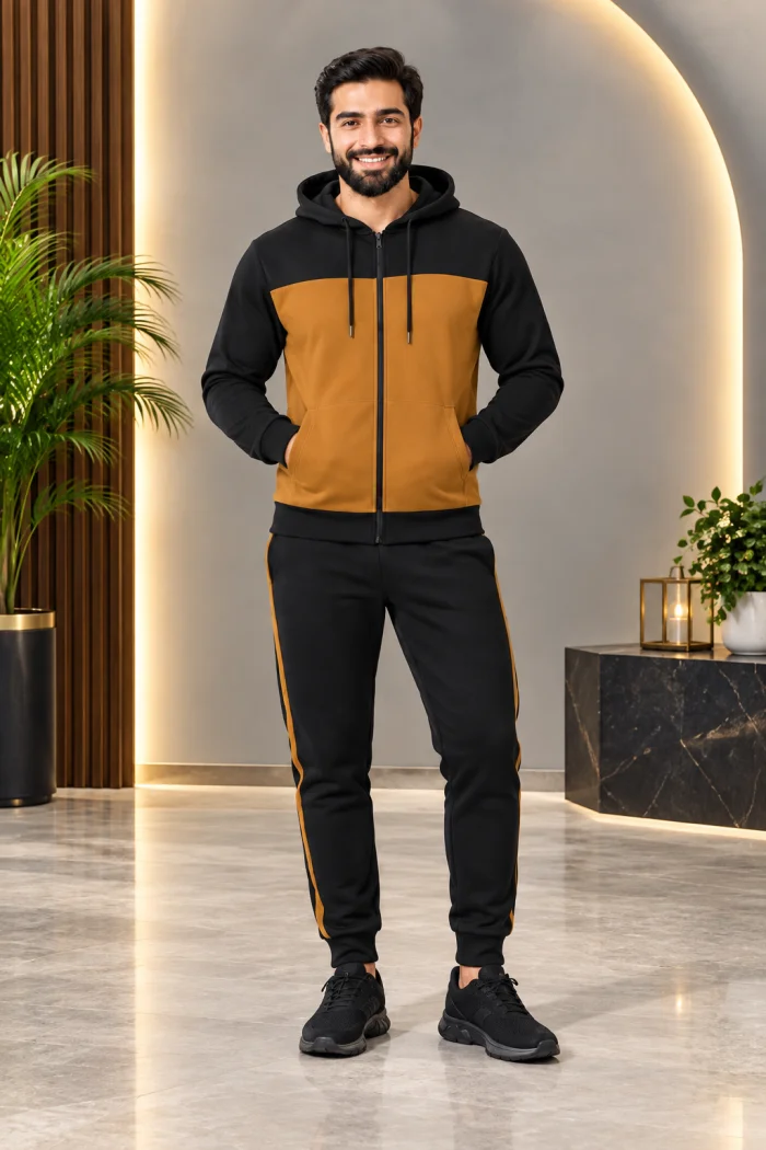 Men's Color-Block Fleece Tracksuit | Black & Brown 2-Piece Zip Hoodie & Jogger Set