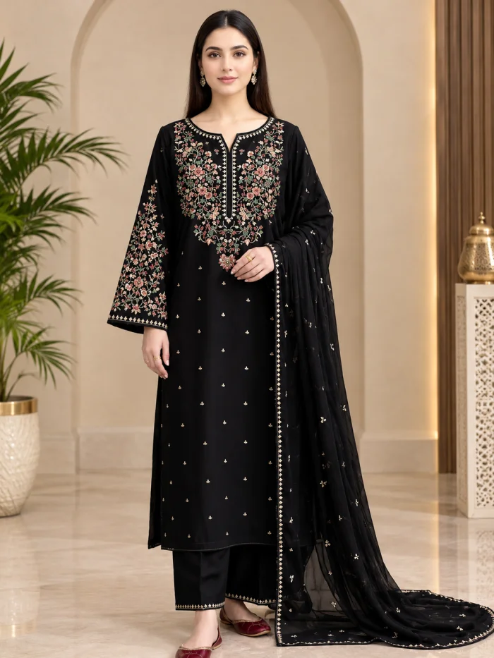Women's Black Embroidered Dhanak Suit | 3-Piece Unstitched Formal Wear