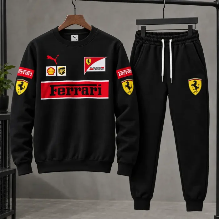 Men's Ferrari F1 Racing Printed Tracksuit Set – Black Crewneck Sweatshirt (Winter Fleece)