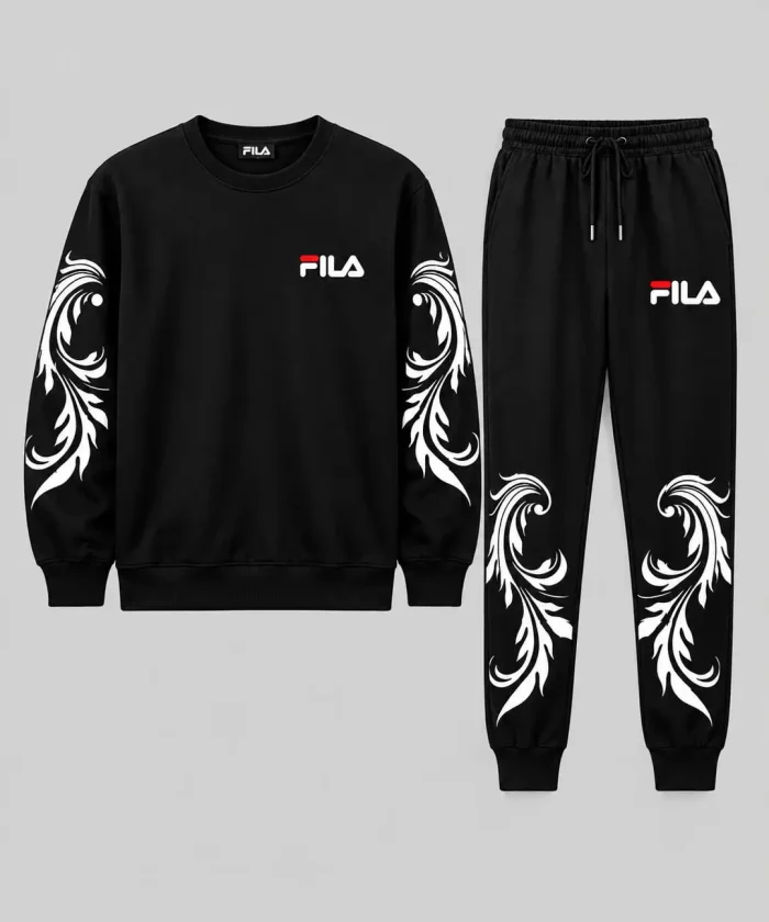 Men's Black Graphic Print Tracksuit | 2-Piece Sweatshirt & Jogger Set with Floral Design