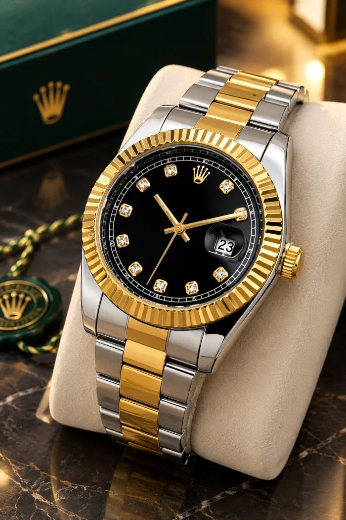 Men's Luxury Two-Tone Watch | Black Diamond Dial 41mm Stainless Steel Date adjust Style