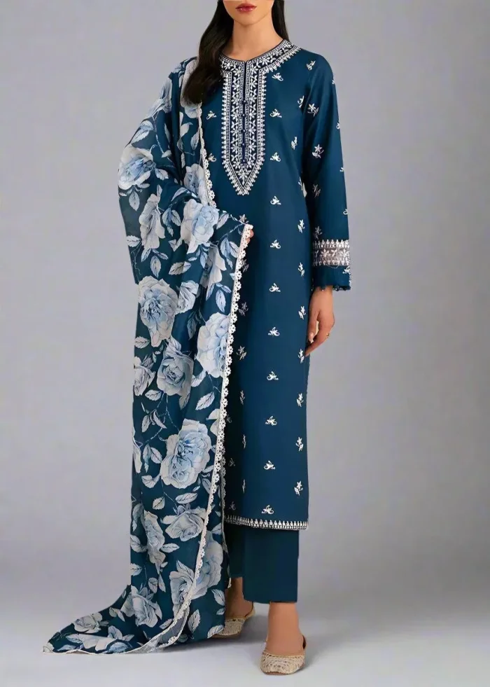 3 Pcs Unstitched Embroidered Lawn Suit - Diamond Dupatta