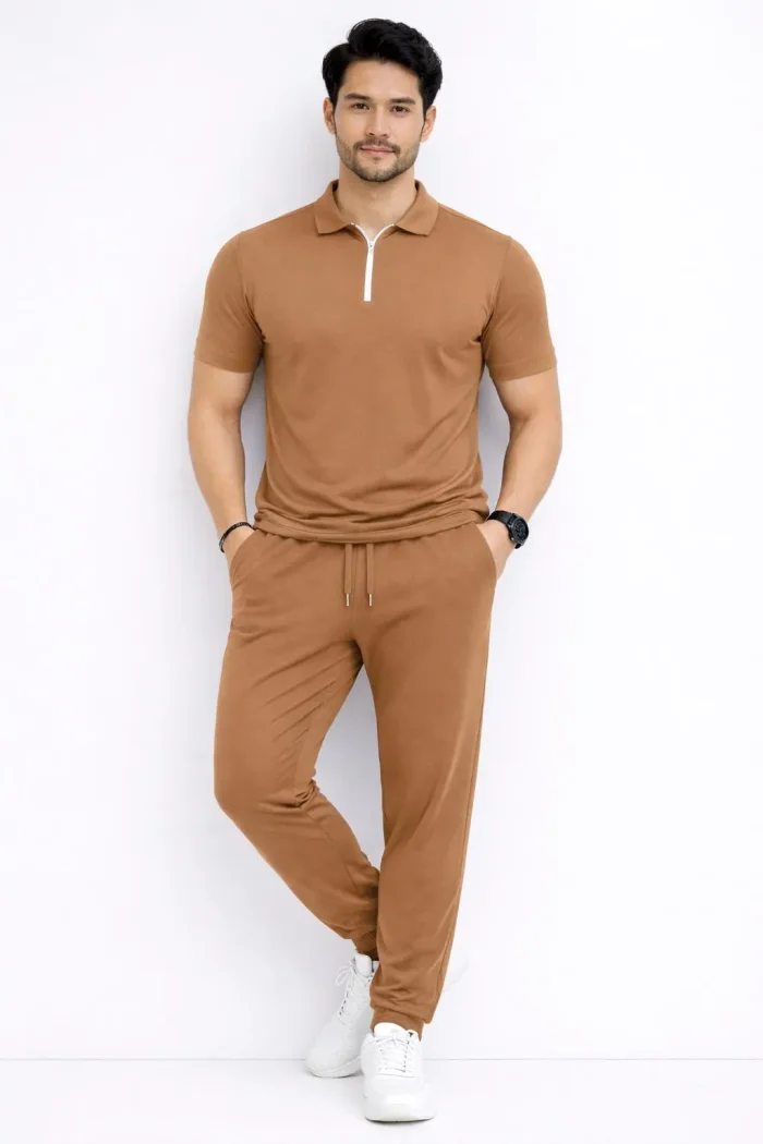 Men's Brown Slim Fit Tracksuit Set - Premium Polyester
