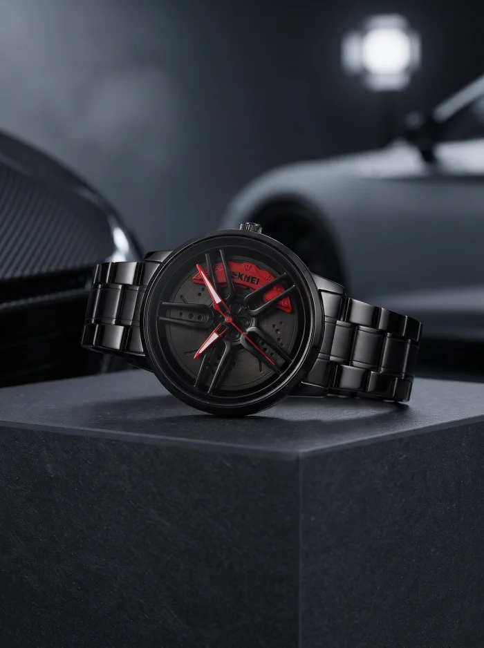 360° Spinning Car Wheel Watch – Black Stainless Steel Rim & Caliper Watch for Men