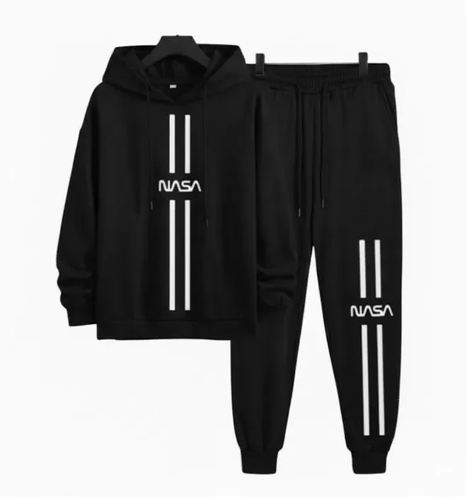 Men's NASA Printed Fleece Tracksuit Set – Black Pullover Hoodie & Jogger Pants (Winter Streetwear)