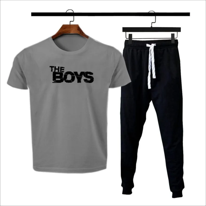 Men's 2-Piece Cotton Printed Tracksuit - Grey & Black "THE BOYS" Set