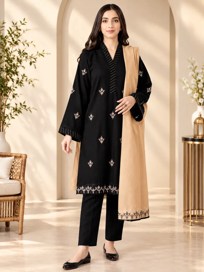 Women's Premium Black Embroidered Lawn Suit | 3-Piece Unstitched Summer Collection (Heavy Work)