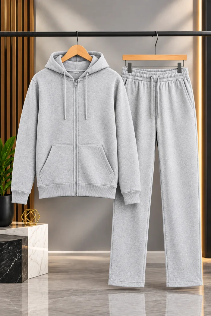 Men's Premium Fleece Zip-Up Tracksuit Set | 2-Piece Gray Hoodie & Jogger Pants with Pockets