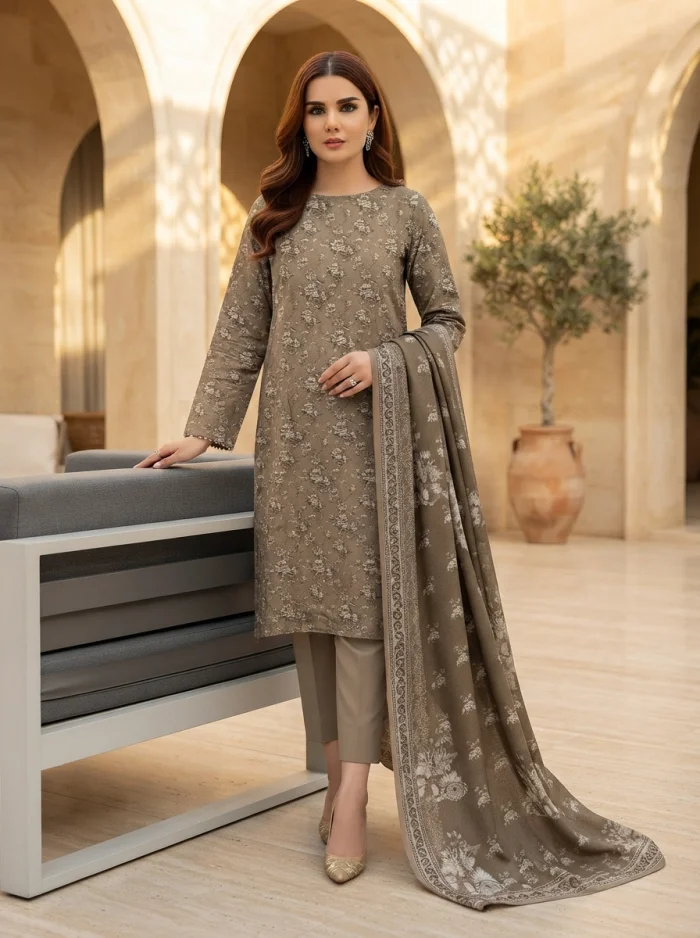 3-Piece Printed Lawn Suit with Dobby Lawn Dupatta – Earthy Brown (Unstitched)