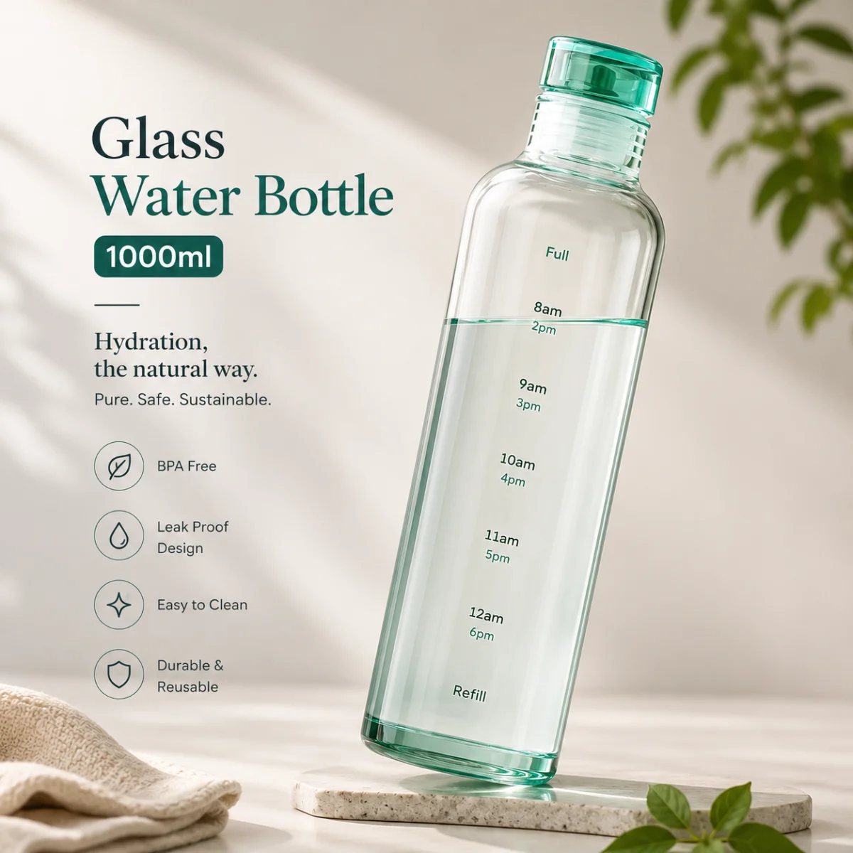 Heat & Cold Resistant Glass Water Bottle-1000 ml