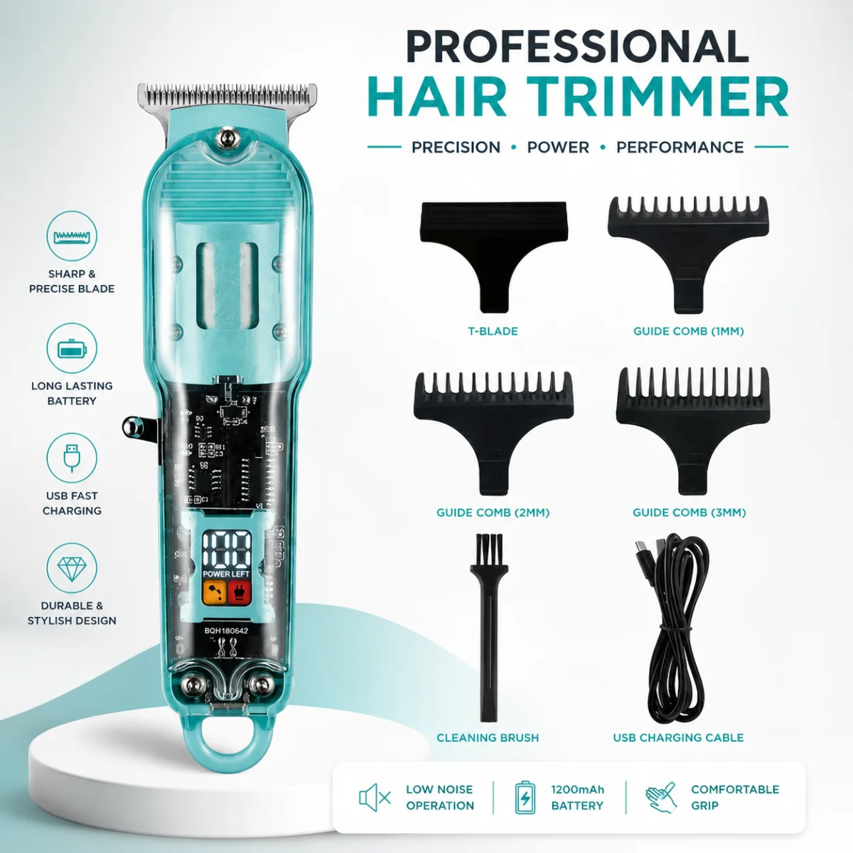 Premium Professional Hair Trimmer with Crystal-Clear Transparent Body & Smart LED Display