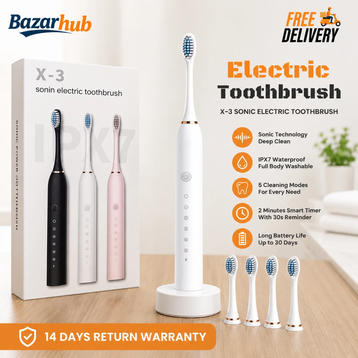 Rechargeable Sonic Electric Toothbrush – Soft Bristle Deep Cleaning for Healthy Teeth.
