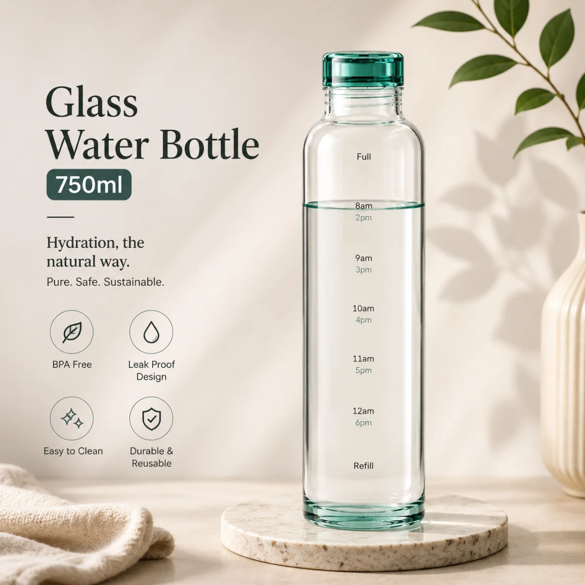 Heat & Cold Resistant Glass Water Bottle - 750ml