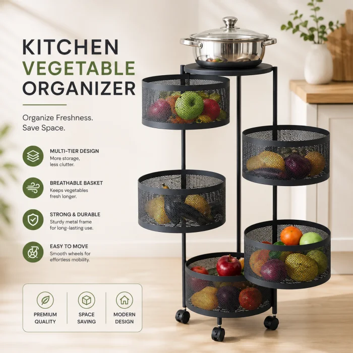 Multi-Layer Kitchen Vegetable Organizer Rack  360° Rolling with Wheels