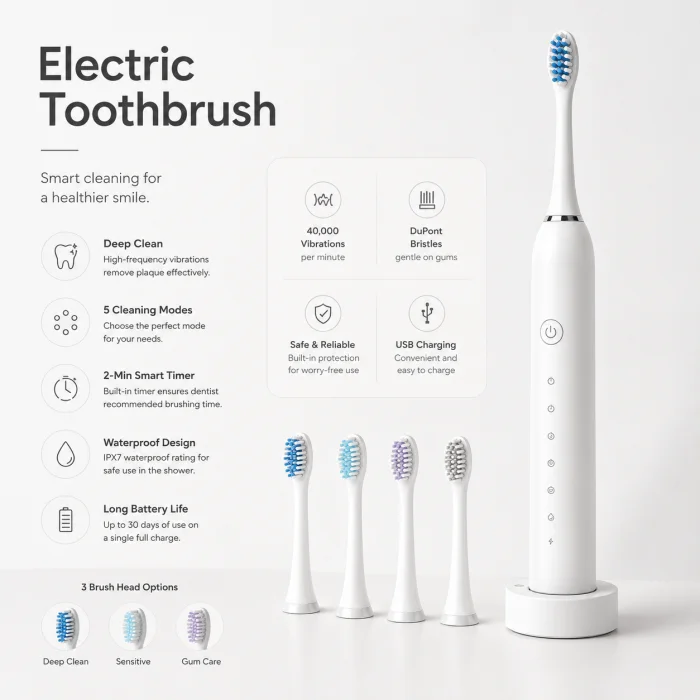 Rechargeable Sonic Electric Toothbrush – Soft Bristle Deep Cleaning for Healthy Teeth.