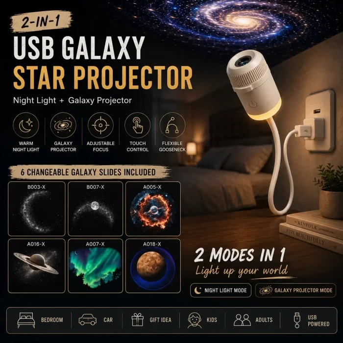 Flexible USB Galaxy Planetarium Star Projector Light with 6 Interchangeable Film Discs.