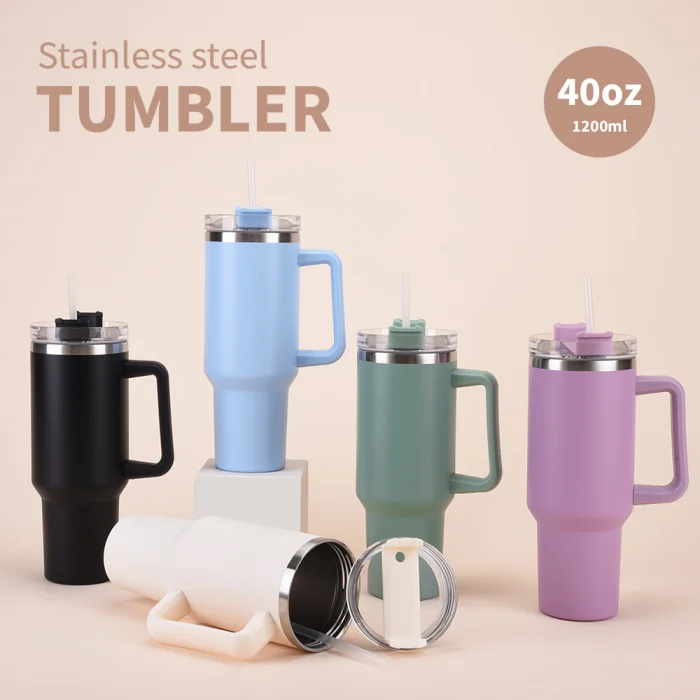 1200ml Insulated Stainless Steel Tumbler Mug with Handle & Straw