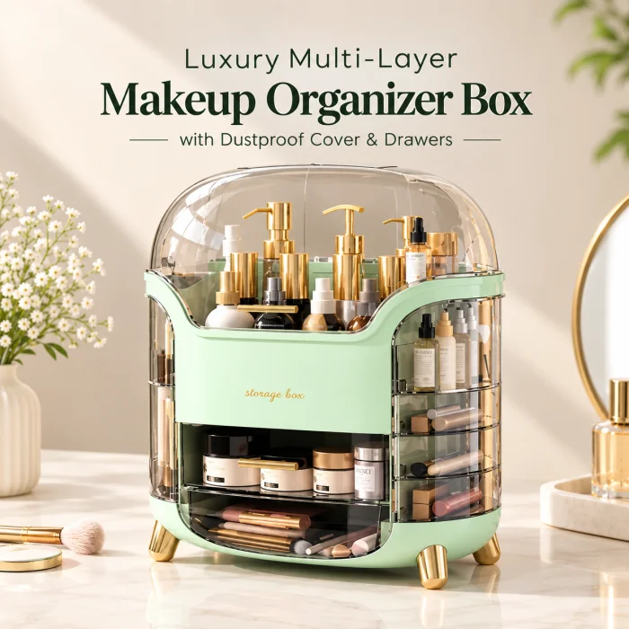 Luxury Multi-Layer Makeup Organizer Box with Dustproof Cover & Drawers