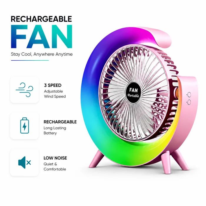 Rechargeable Fan Table Lamp with 7 Color Gradual Changing LED Light.
