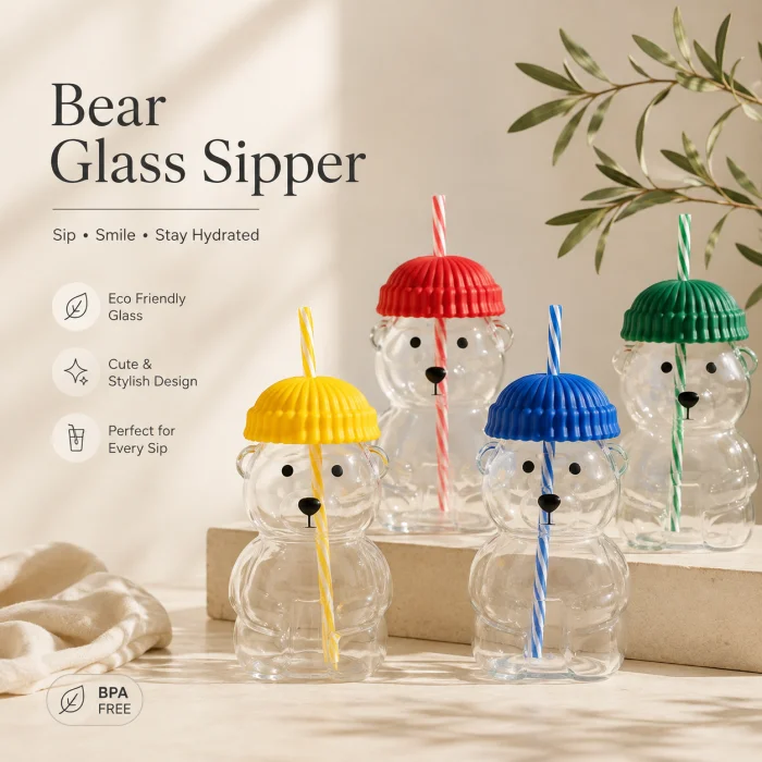 Cute Bear Straw Glass Sipper Cup