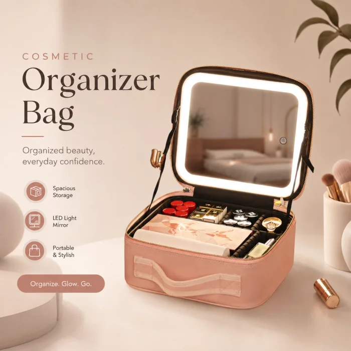10-Inch Travel Cosmetic Organizer Bag with LED Lighted Mirror