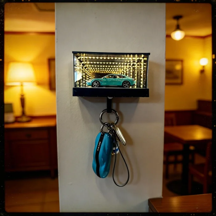 LED Infinity Mirror Diecast Car Display Box with Wall Key Holder Hook.