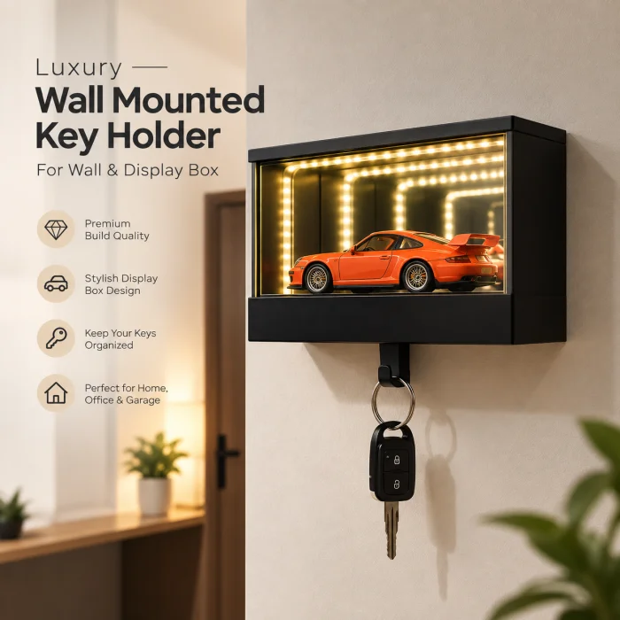 LED Infinity Mirror Diecast Car Display Box with Wall Key Holder Hook.